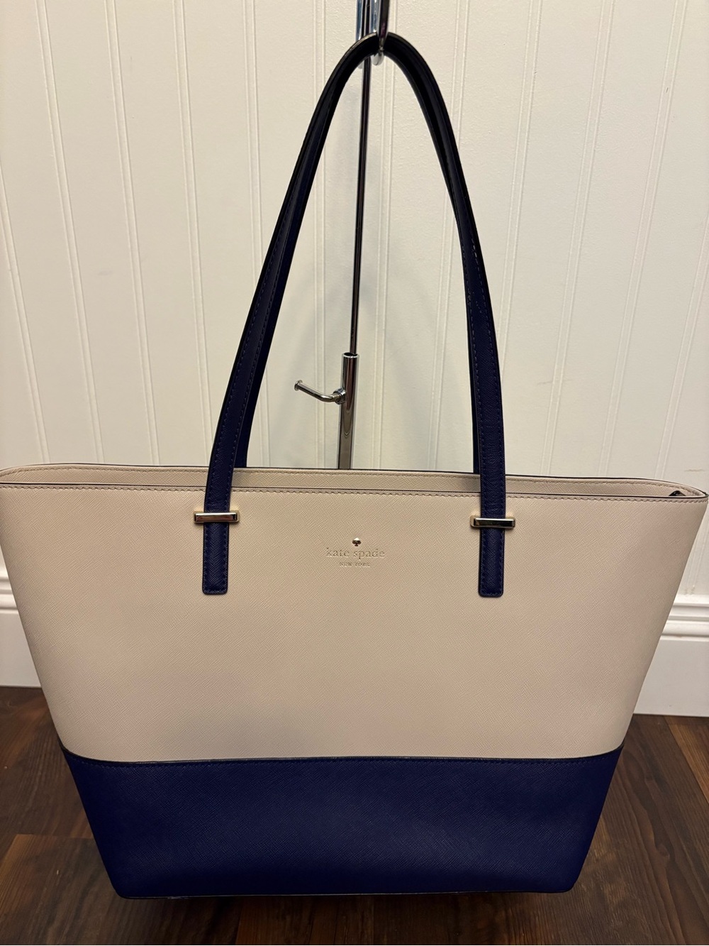 kate spade Cream and Navy Two-Tone Leather Tote and matching wallet.
